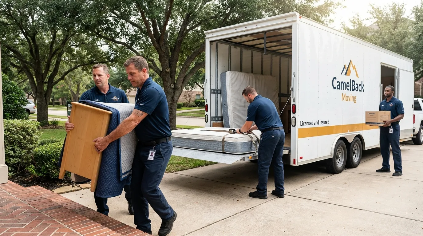 Crew loading residential truck for cross-state move from Heyburn, ID