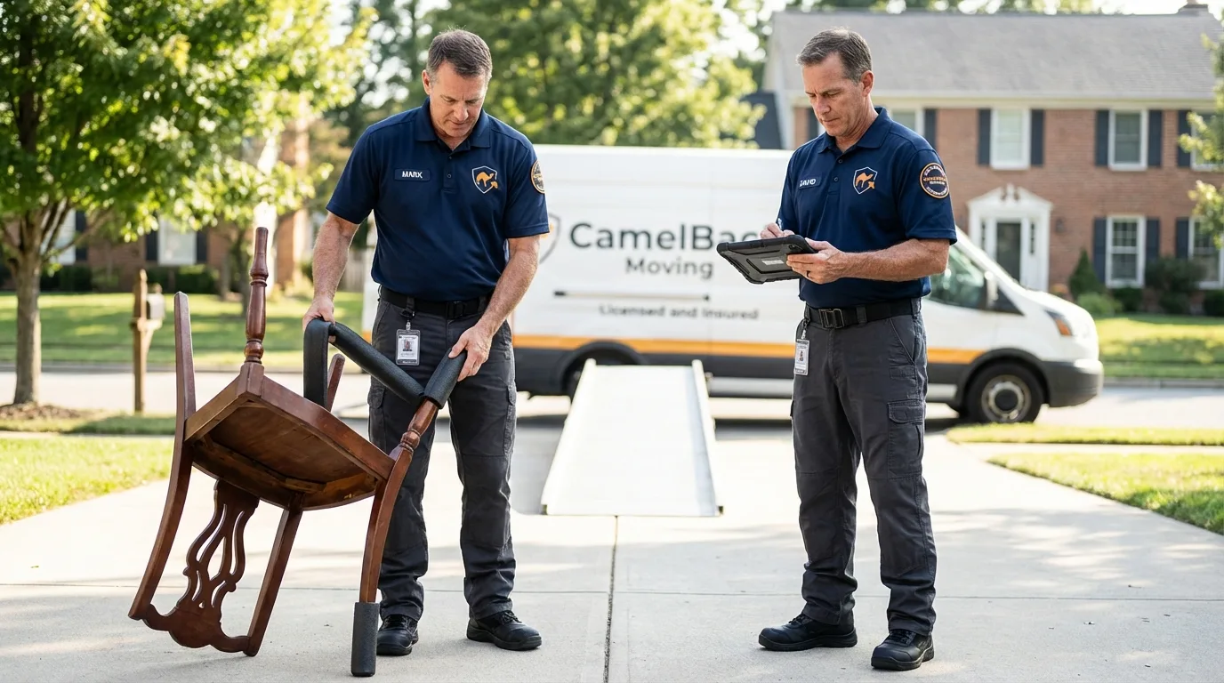 Movers inspecting furniture for damage prevention before loading in Heyburn, ID