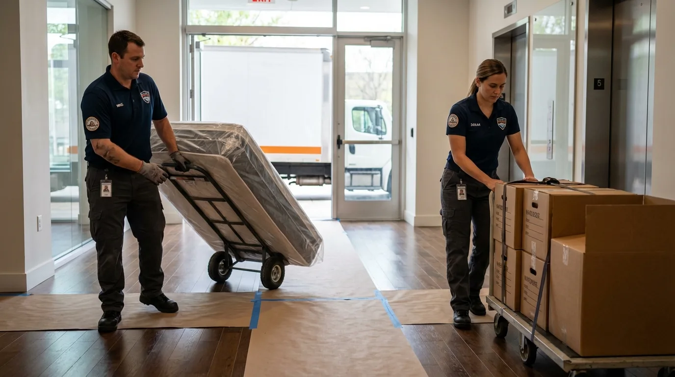 Professional apartment movers loading elevator in Heyburn, ID