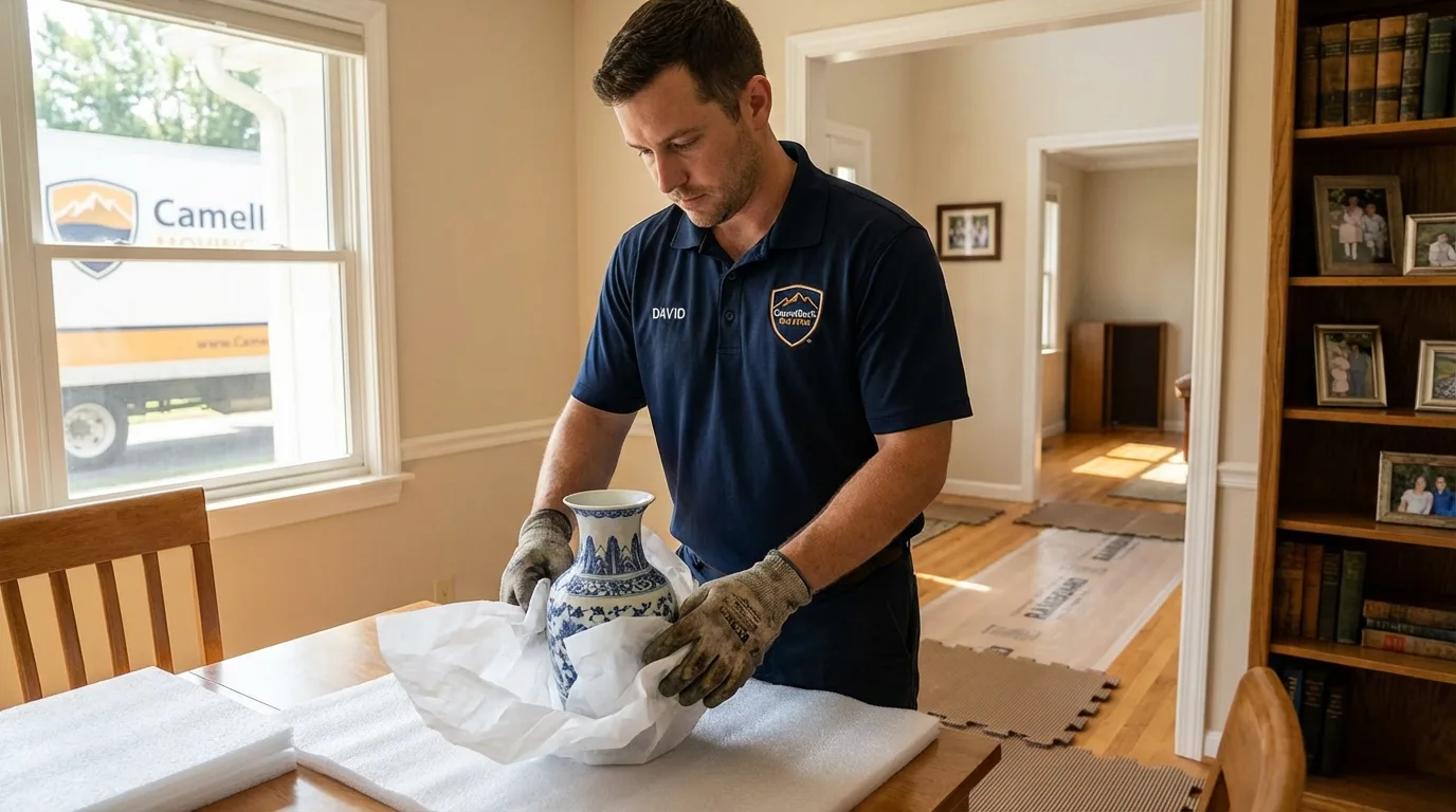 Professional crew carefully wrapping antique vase for senior downsizing move in Heyburn, ID